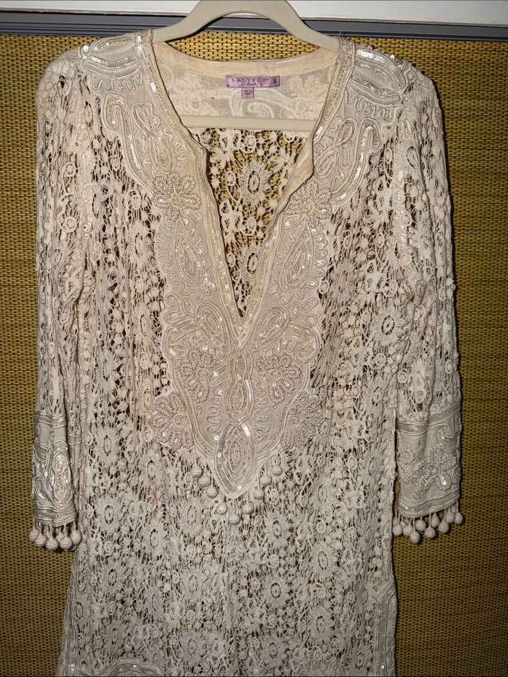 Calypso St. Barth 💛 Cream Hand Crafted Lace Embellished V‑Neck Tunic